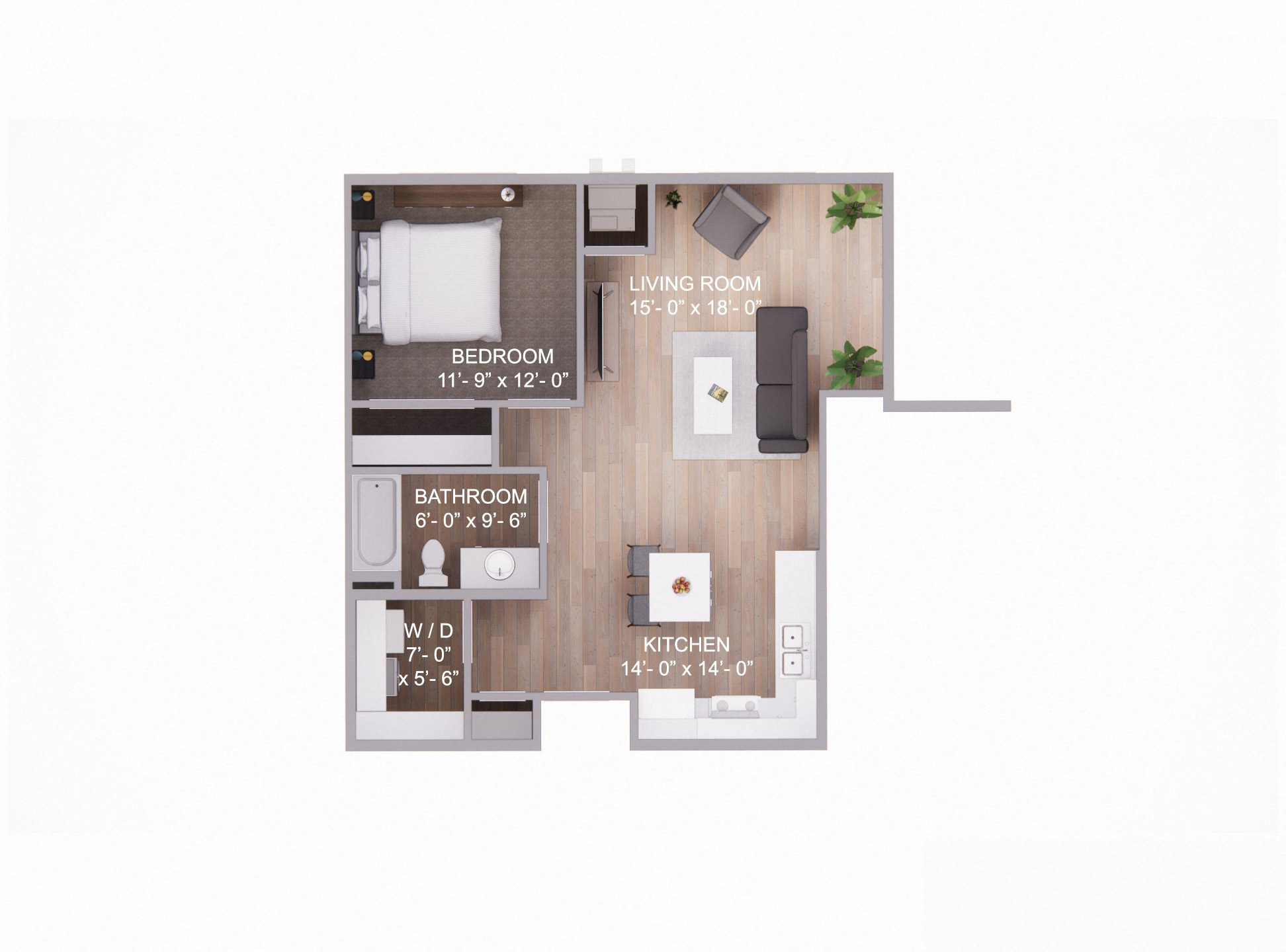 Floor plan for 1 bed, 1 bath, 750 sqft